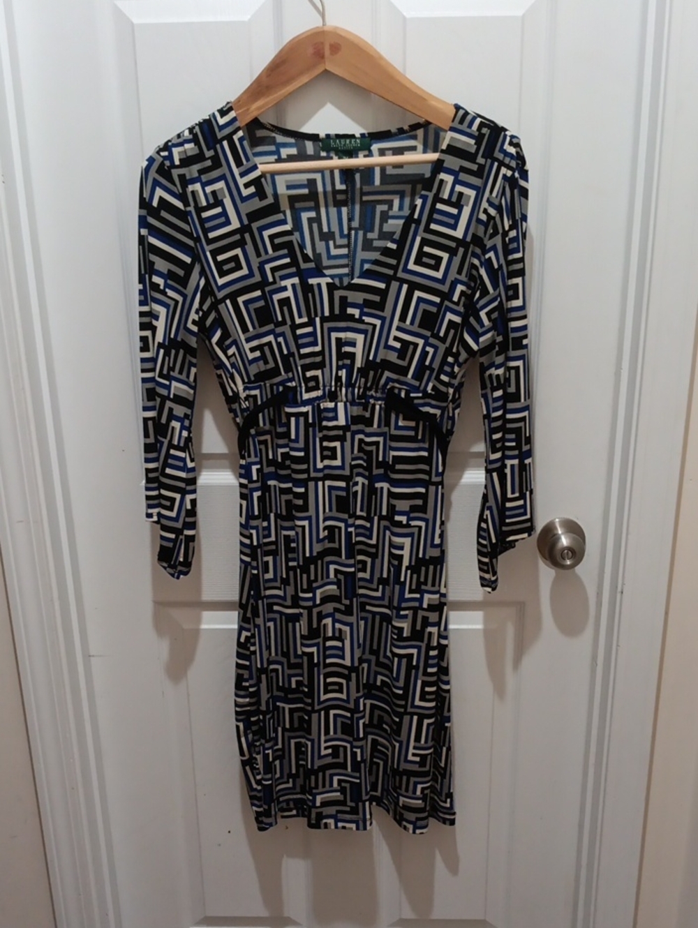 Lauren Ralph Lauren Black White and Blue Geometric Long Sleeve Dress